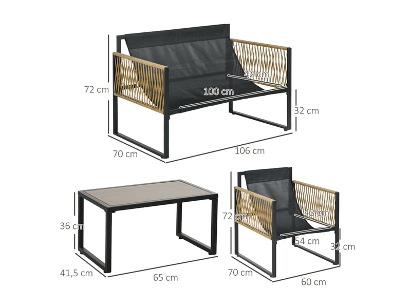 Salon de jardin 4 pièces en résine tressée gris foncé, 2 fauteuils, canapé 2 places et table basse en verre - Conforama C