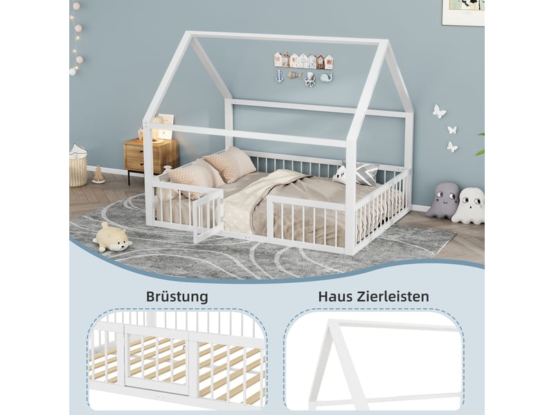  Lit simple 140 x 200 cm avec cadre en métal, toit décoratif et barrières de sécurité avec ouverture d’accès, blanc Morn Vibe - Conforama E