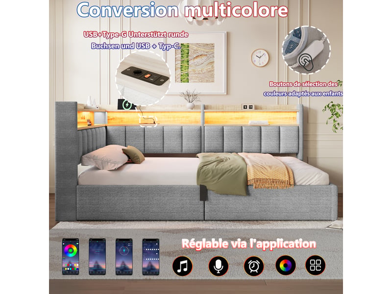  Lit coffre hydraulique 140x200 cm avec led, usb-a et usb-c et tête réversible, velours gris, sans matelas  - Conforama D