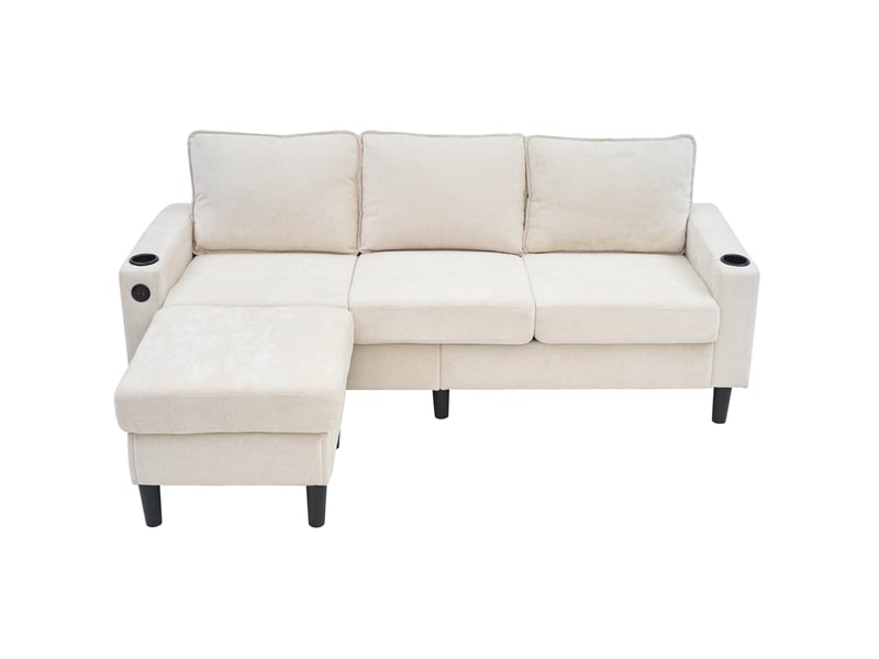  Canapé convertible d'angle en lin beige avec pouf, ports usbtype-c et porte-gobelets - 202 x 137 x 80 cm  - Conforama A