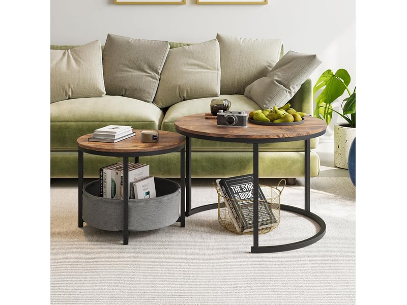  Set de 2 tables basses rondes gigognes 70x48 cm style industriel bois et métal marron antique  - Conforama B