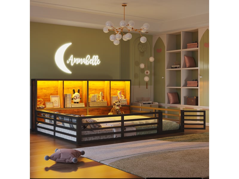 Lit banquette 140x200 cm barrière ouvrante rangements latéraux led intégré sommier à lattes mdf métal noir sans matelas - Conforama W