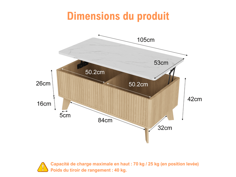  Table basse relevable salon avec rangement caché- plateau imitation marbre - panneaux cannelés verticaux  - compartiment de stockage - table basse multifonction - style scandinave mid-century - bois naturel  - Conforama C