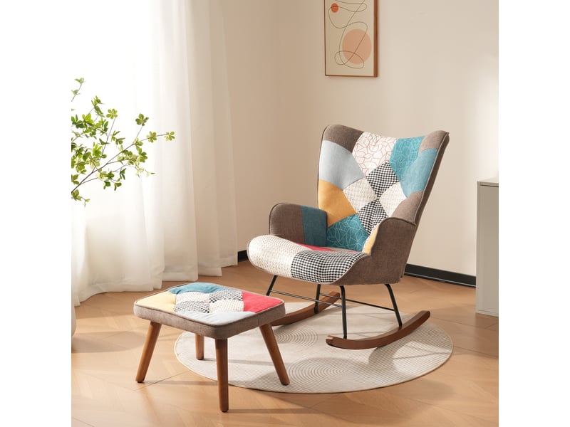 Fauteuil à bascule avec repose-pieds, fauteuil patchwork coloré rembourré, structure en bois et métal pour salon - Conforama B