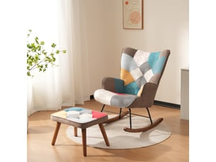 Fauteuil à bascule avec repose-pieds, fauteuil patchwork coloré rembourré, structure en bois et métal pour salon