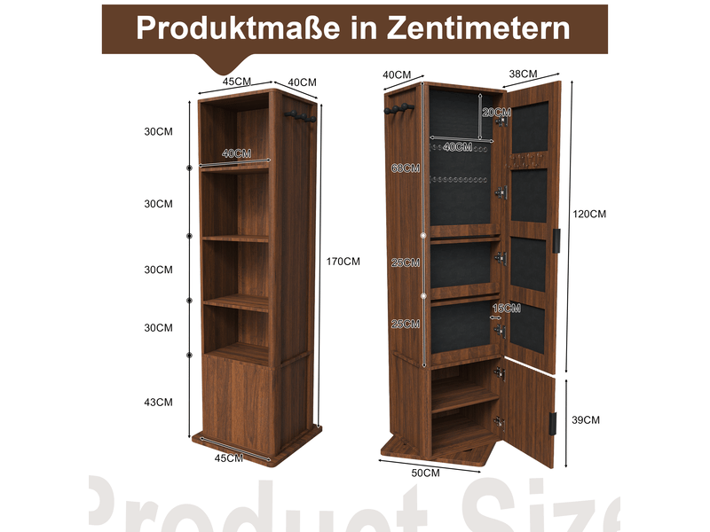  Armoire à bijoux pivotante modenvie miroir psyché 360° 50 x 50 x 170 cm noyer foncé  - Conforama C