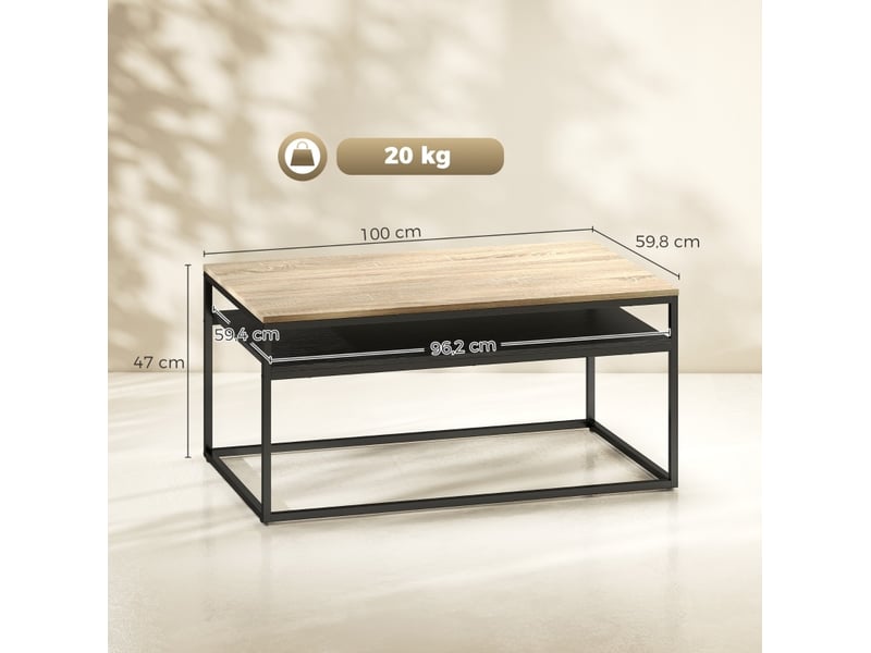  Table basse avec étagère, décor chêne et structure noire, 100 x 59,8 x 47 cm  - Conforama D