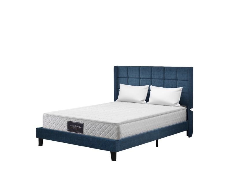  Lit double 140x200 - lit rembourré avec sommier à lattes - lin - matelas inclus - bleu  - Conforama A