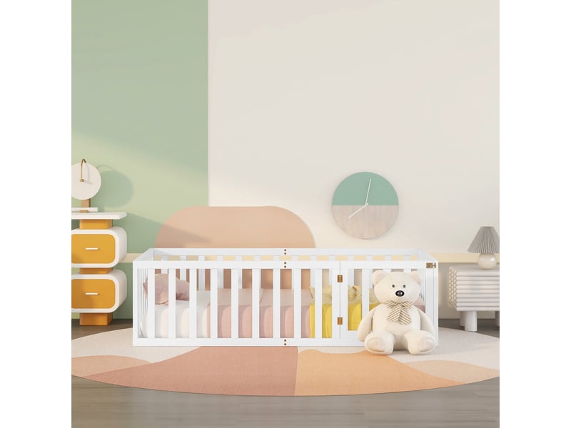  Lit enfant 90x200 au sol avec barrière et porte - cadre en bois massif blanc  - Conforama E