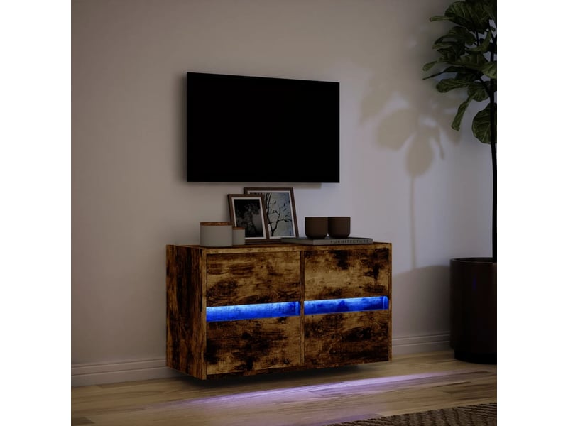  Meuble tv - banc tv - meuble de rangement mural avec lumières led chêne fumé 80x31x45 cm  - Conforama E