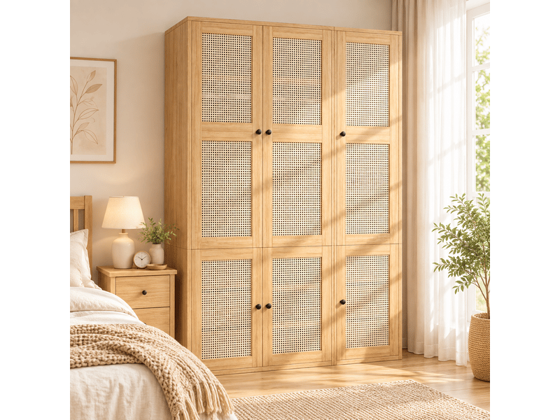Armoire en rotin 135x47x200 cm avec 2 tringles 6 tiroirs 4 compartiments - mdf couleur chêne - Conforama B