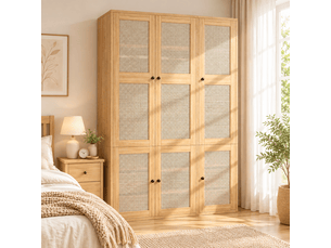 Armoire en rotin 135x47x200 cm avec 2 tringles 6 tiroirs 4 compartiments - mdf couleur chêne