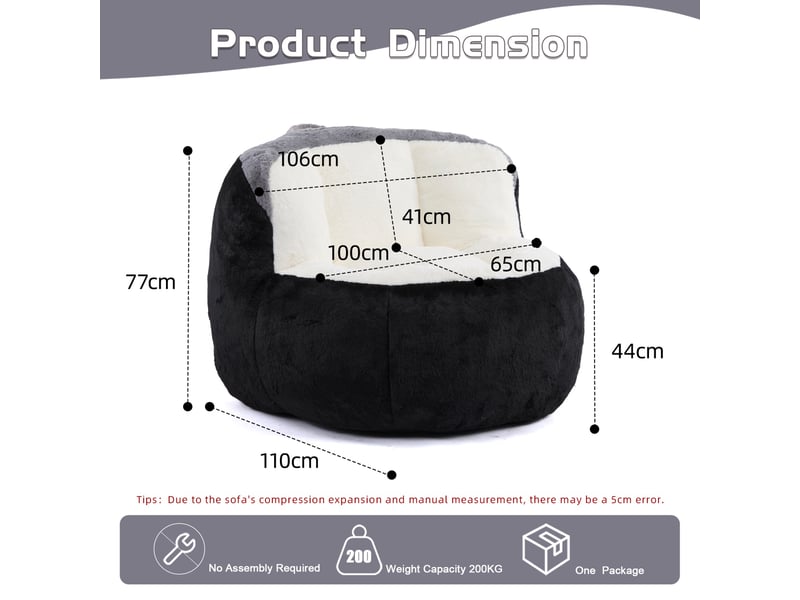  Fauteuil-pouf de sol 110 x 100 x 77 cm – grand sofa lounge en de mousse haute résilience avec poignée intégrée - fausse fourrure -noir et blanc  - Conforama C
