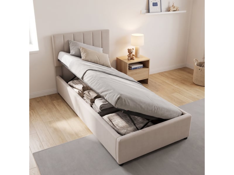  Lit coffre 90x200 cm avec sommier, lit simple enfnat avec tête de lit réglable, tissu lin, style moderne, beige  - Conforama D