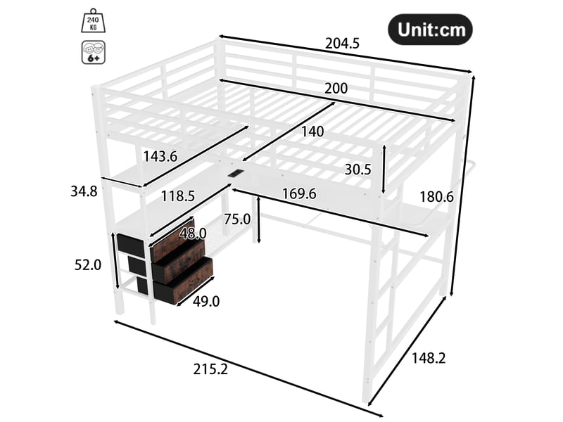 Lit mezzanine 140 x 200 cm, lit enfant surélevé, 3 tiroirs, bureau intégré, étagères ouvertes, éclairage led, connectique usb, échelle, métal, blanc Morn Vibe - Conforama C
