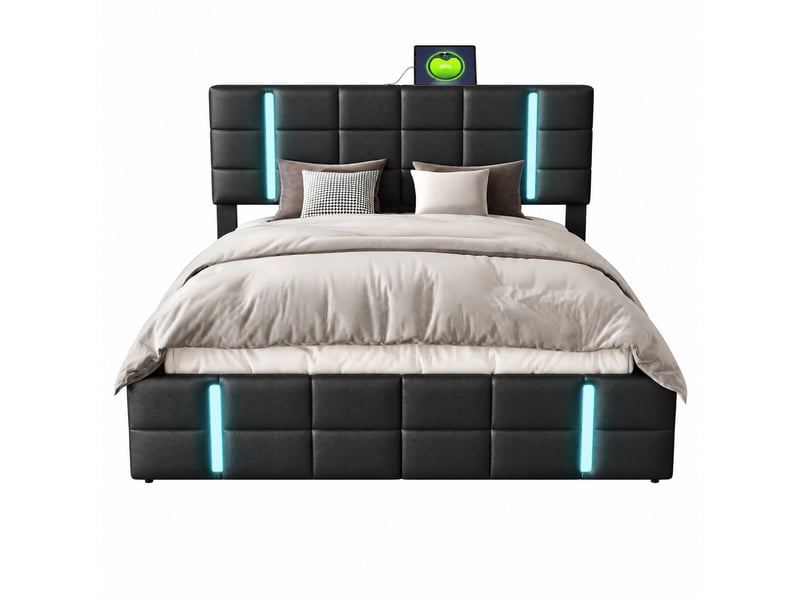 Lit coffre 160x200cm, lit double avec led, usb et tête de lit capitonné, cadre de lit avec sommier à lattes,pour adulte et adolescent, pu noir - Conforama A