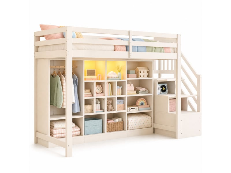  Lit mezzanine 90 x 200 cm avec rangement, armoire, escalier et led, blanc  - Conforama A