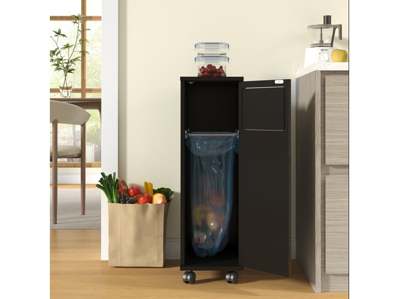  Buffet de cuisine - 24,2x35,1x80,2 cm - meuble poubelle roulant avec 1 porte et support sac poubelle - noir  - Conforama D