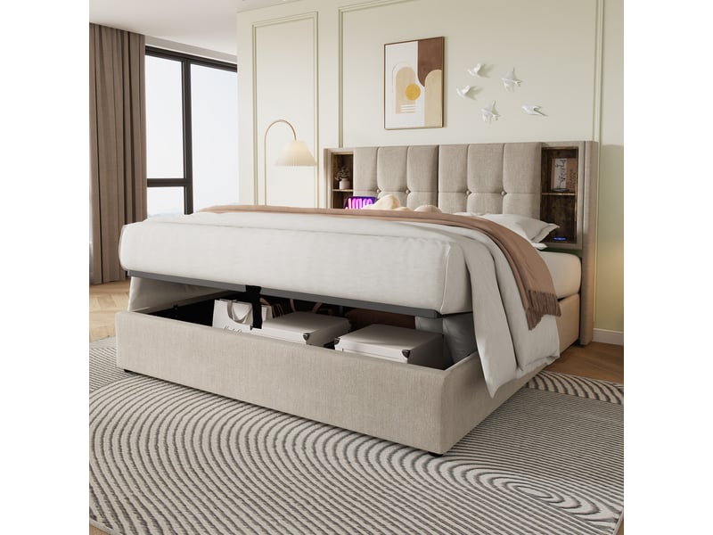 Lit coffre 180x200 avec sommier relevable, recharge sans fil, lin naturel - Conforama D