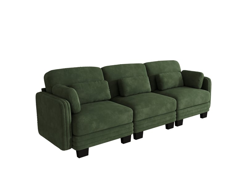 Canapé droit modulable 3 places en chenille vert avec coussins lombaires et d’accoudoir - Conforama A