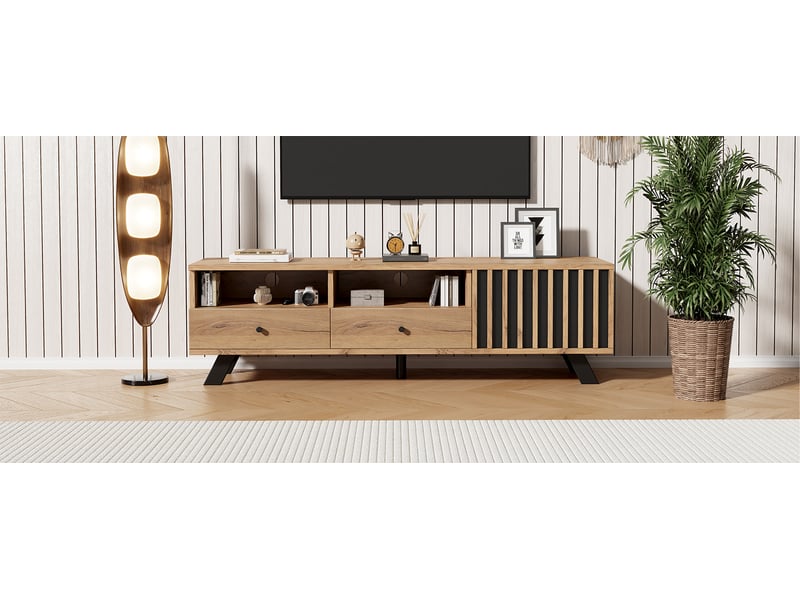  Meuble tv bas à 2 tiroirs et 1 placard, panneaux de particules, 150 × 38 × 44 cm, bois naturel  - Conforama D