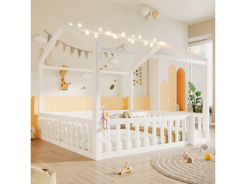  Lit enfant 90x190 cm modulable en 180x190 cm maison avec led barre de sécurité bois de pin minimaliste blanc BUYDEEMEUS - Conforama C