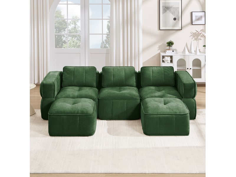  Canapé modulable en u 3 places avec 2 poufs, en polyester vert  - Conforama B