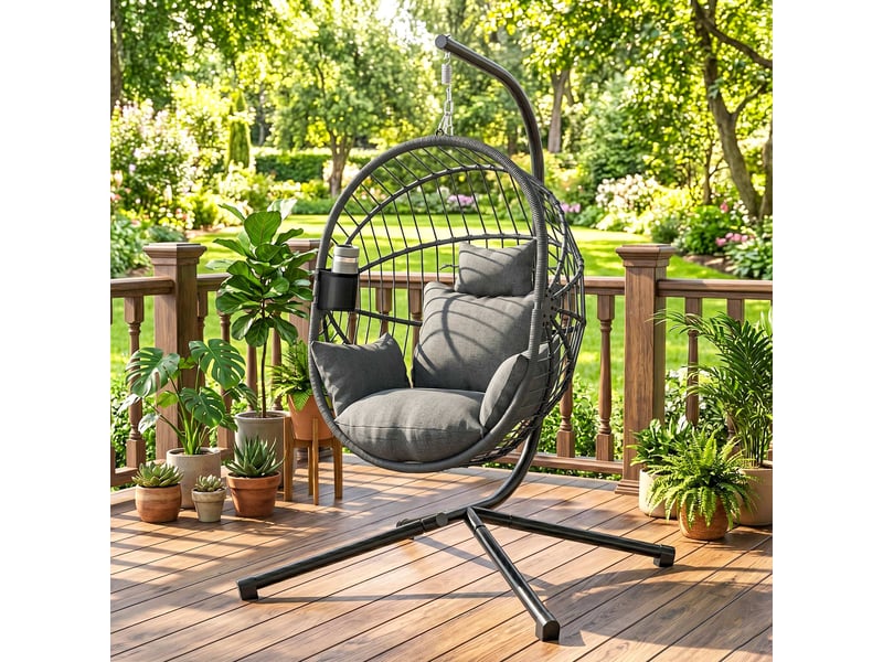  Fauteuil œuf suspendu, chaise hamac balançoire cmpanier pliable, coussin rembourré, gris  - Conforama D