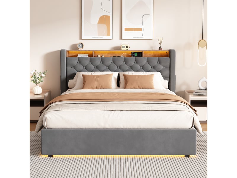  Lit capitonné 140x190 cm avec rangement et velours gris  - Conforama D
