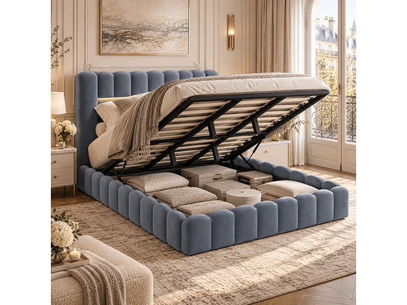  Lit coffre 180 x 200 cm avec led et ports usb,lit double rembourré , rangement hydraulique, lit fonctionnel,velours ,gris  - Conforama D