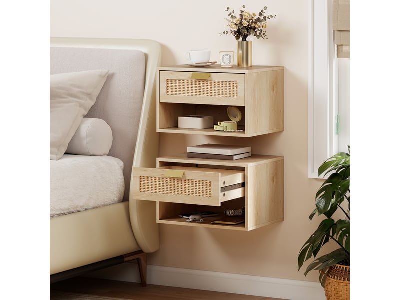  Ensemble de 2 tables de chevet suspendues avec tiroir en rotin, étagère ouverte, gain de place, 40 x 30 x 25 cm, chêne  - Conforama D