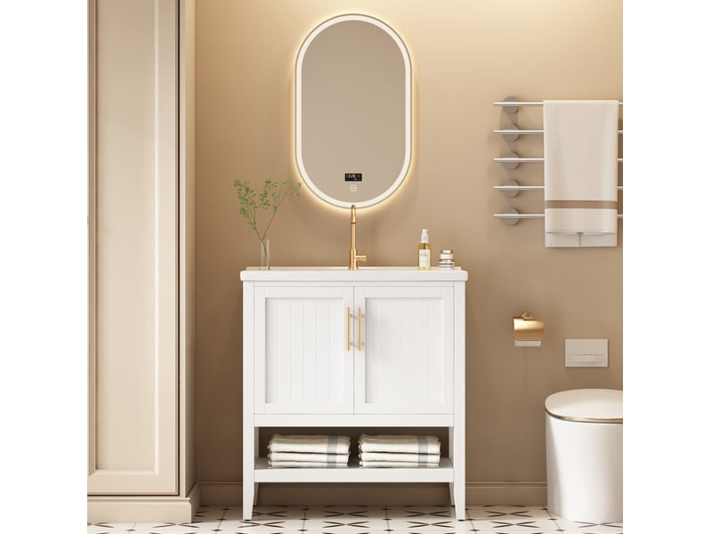 Meuble sous vasque blanc avec lavabo en céramique, 2 portes, niche ouverte et patins antidérapants pour salle de bain en mdf 80 cm - Conforama D