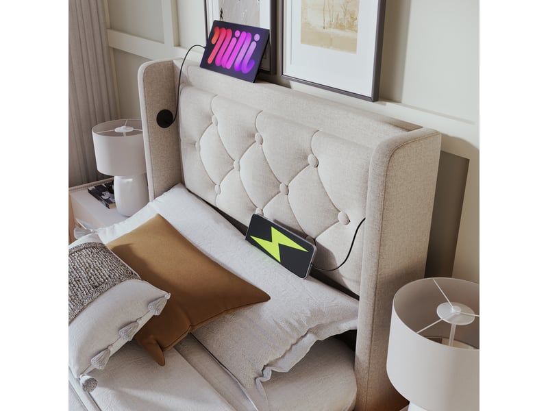 Lit coffre, lit simple en coton avec rangement hydraulique, usb, type-c et led 90x200 cm, sans matelas, beige - Conforama E