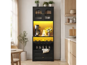 Buffet de cuisine haut à led avec étagères réglables, porte-bouteilles et port usb en mdf noir, 70 × 40 × 180 cm