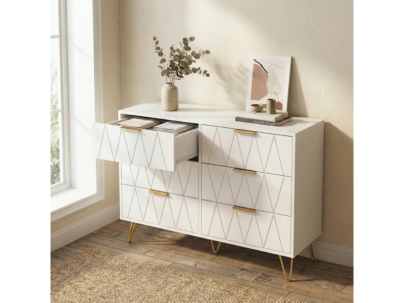 Commode chambre bois 100x34x72,5 cm, 6 tiroirs, meuble de rangement, anti-basculement, pieds en métal, style moderne luxe léger, blanc - Conforama B