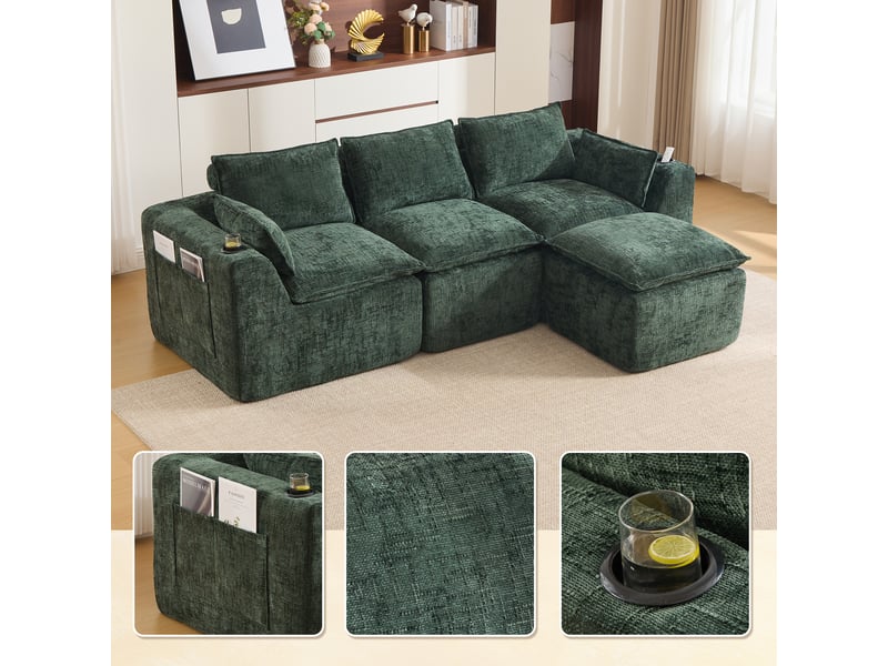 Canapé modulable 3 places en tissu chenille vert foncé, avec pouf, 2 poches latérales, porte-gobelets, 256×161×75 cm - Conforama D