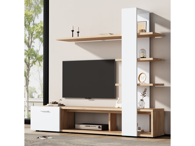 Ensemble meuble salon meuble tv mural blanc et bois pour tv 60 pouces 180 cm  - Conforama C