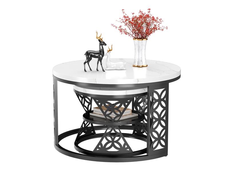  Tcqpz table basse bicolore 70x70x45 cm, lot de 2, plateau aspect marbre, structure métal  - Conforama A