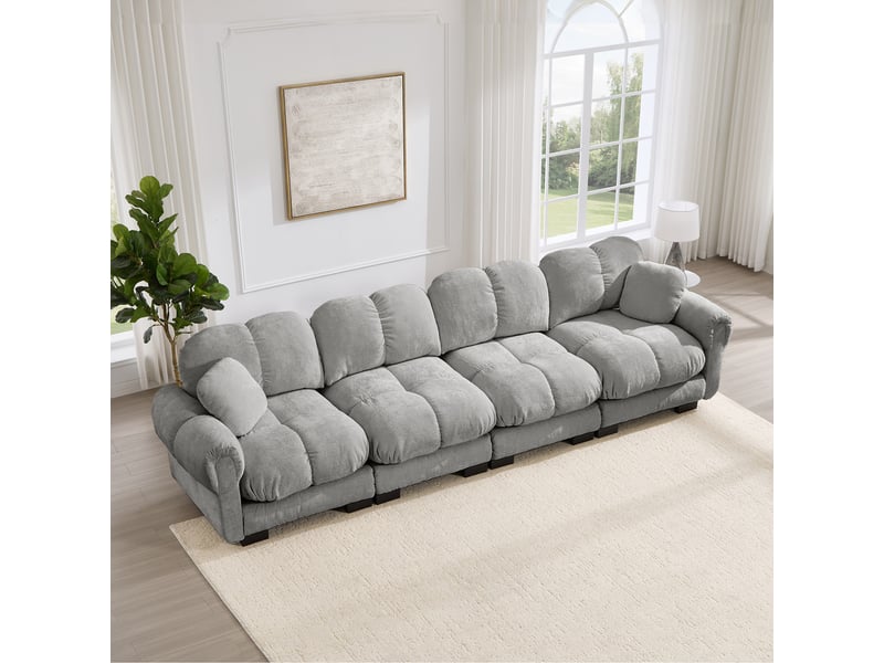Canapé modulaire avec coussins épais et dossier ergonomique - lpospi - accoudoirs incurvés chenille gris clair 330 × 86 × 90 cm - Conforama C