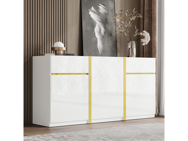 Buffet blanc laqué brillant 160x78cm, meuble rangement moderne 3 portes 2 tiroirs mdf - Conforama B
