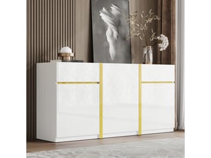 Buffet blanc laqué brillant 160x78cm, meuble rangement moderne 3 portes 2 tiroirs mdf
