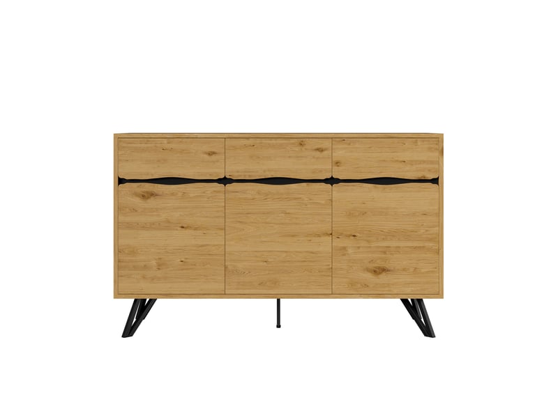  Buffet 3 portes aspect bois avec pieds métalliques, grand rangement, pour salon, entrée, couleur bois  - Conforama A