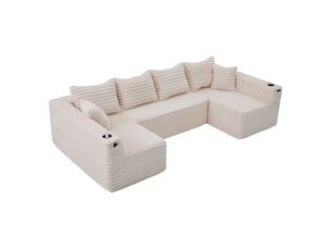 Canapé forme en u revêtement en cord porte-gobelets intégrés poches latérales rembourrage à ressorts 4 coussins de dossier 2 coussins décoratifs forme ergonomique confort d’assise prolongé