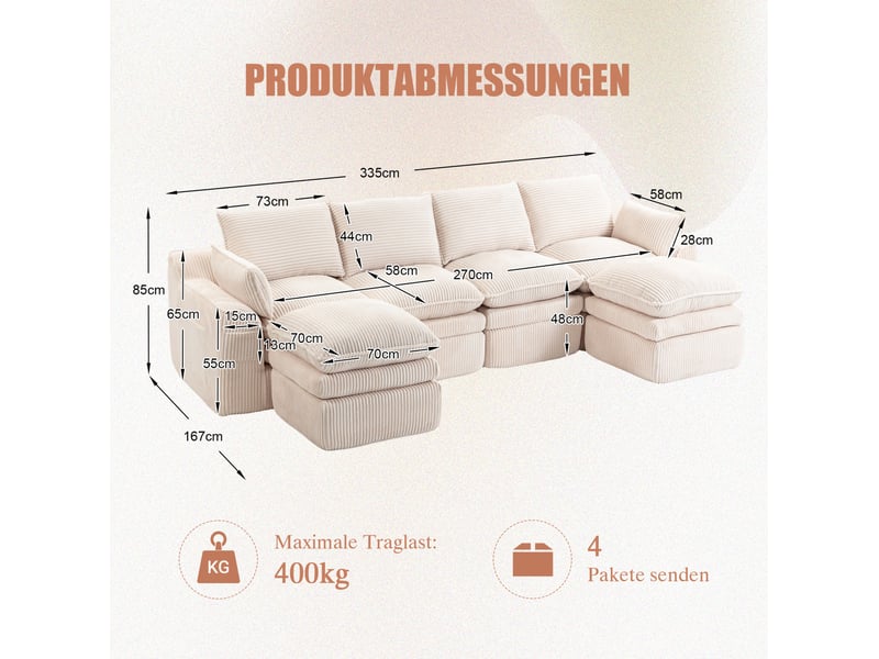  Canapé modulable ulevr 4 places avec 2 poufs, poches latérales et coussins, velours côtelé beige, 335 x 167 x 85 cm  - Conforama C