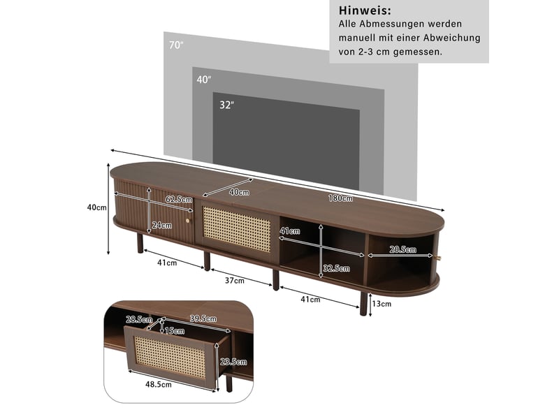 Meuble tv ovale 180 cm avec design en rotin, 2 portes, pieds réglables, noyer foncé - Conforama D