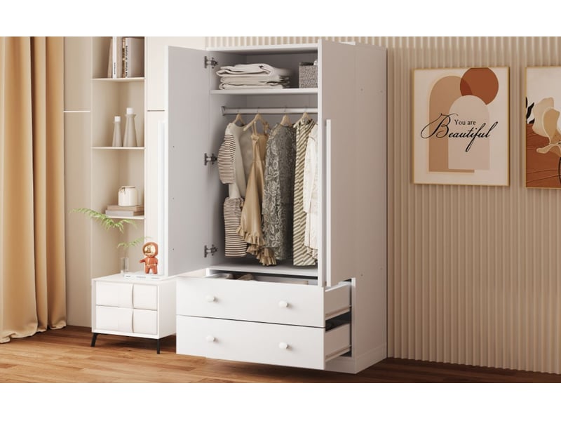  Armoire à vêtements 70 x 40 x 170 cm double ouverture tiroirs et compartiments de rangement grand compartiment intérieur panneaux écologiques durables finition blanche lisse facile à nettoyer  - Conforama B
