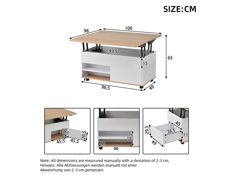  Table basse relevable 100x98x65 cm avec rangements (tiroir+placard) panneau particules, couleur bois et blanc  - Conforama C