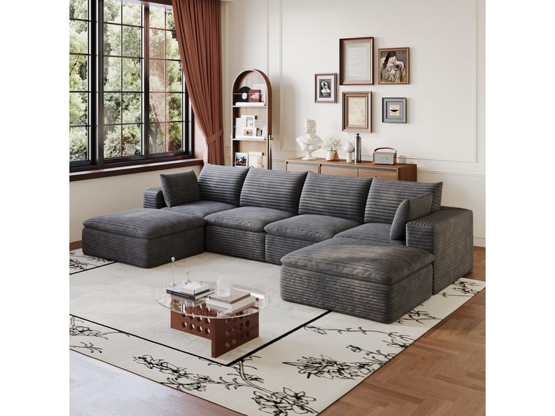 Canapé modulable,340x160x82 cm,6 places sans montage,velours côtelé,gris foncé - Conforama B