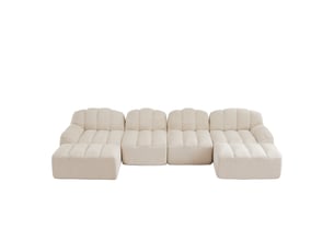 Canapé d'angle modulable 4 places en tissu bouclette beige, avec 2 ottomans, assise profonde pour le salon