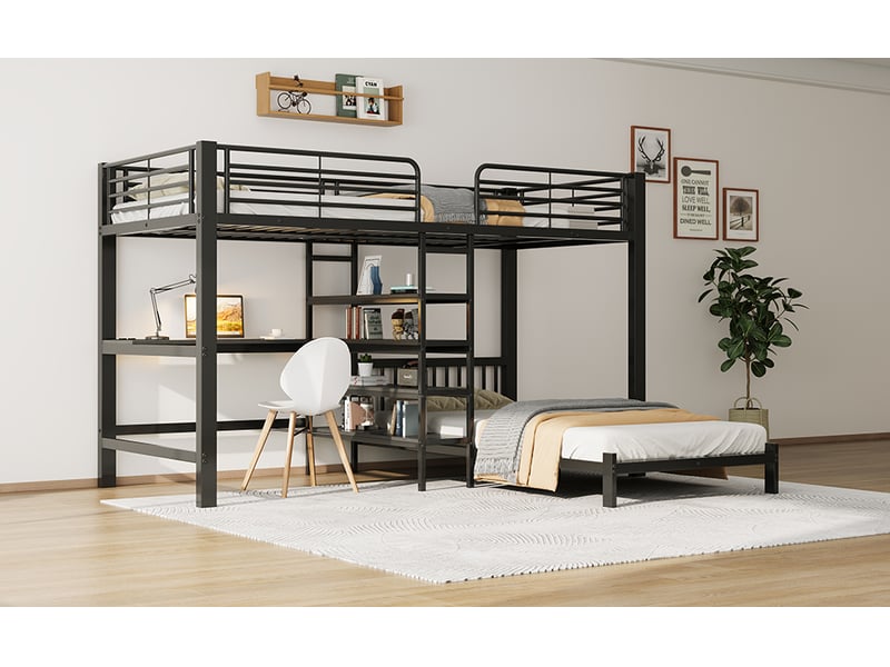  Lit superposé 2 places 90x200 cm noir métal et mdf avec bureau rangements prises usb type-c certifié en747 sans matelas Sol Morn - Conforama D